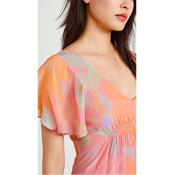 VEDA Bright Floral Short Flutter Sleeve V-Neck Ruched Empire Waist Maxi Dress XS - Picture 12 of 16